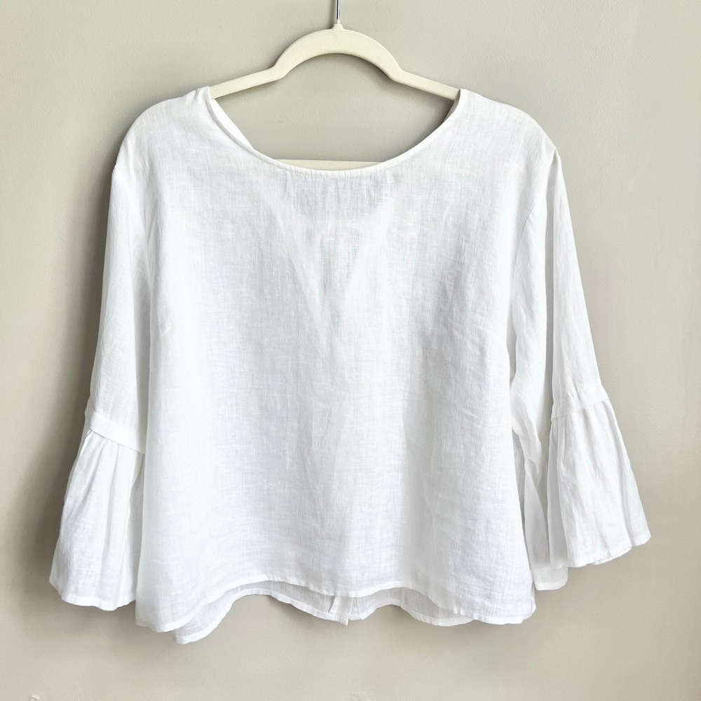 Catherine Malandrino Top Women's Medium 100% Linen White Button Back Relaxed